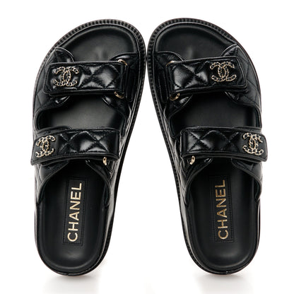 Chanel Lambskin Quilted Velcro Dad Chain CC Slide Sandals 35 Black 2 of 10