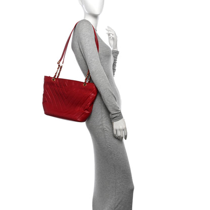 Chanel Lambskin Chevron Quilted Shoulder Bag Red 2 of 14