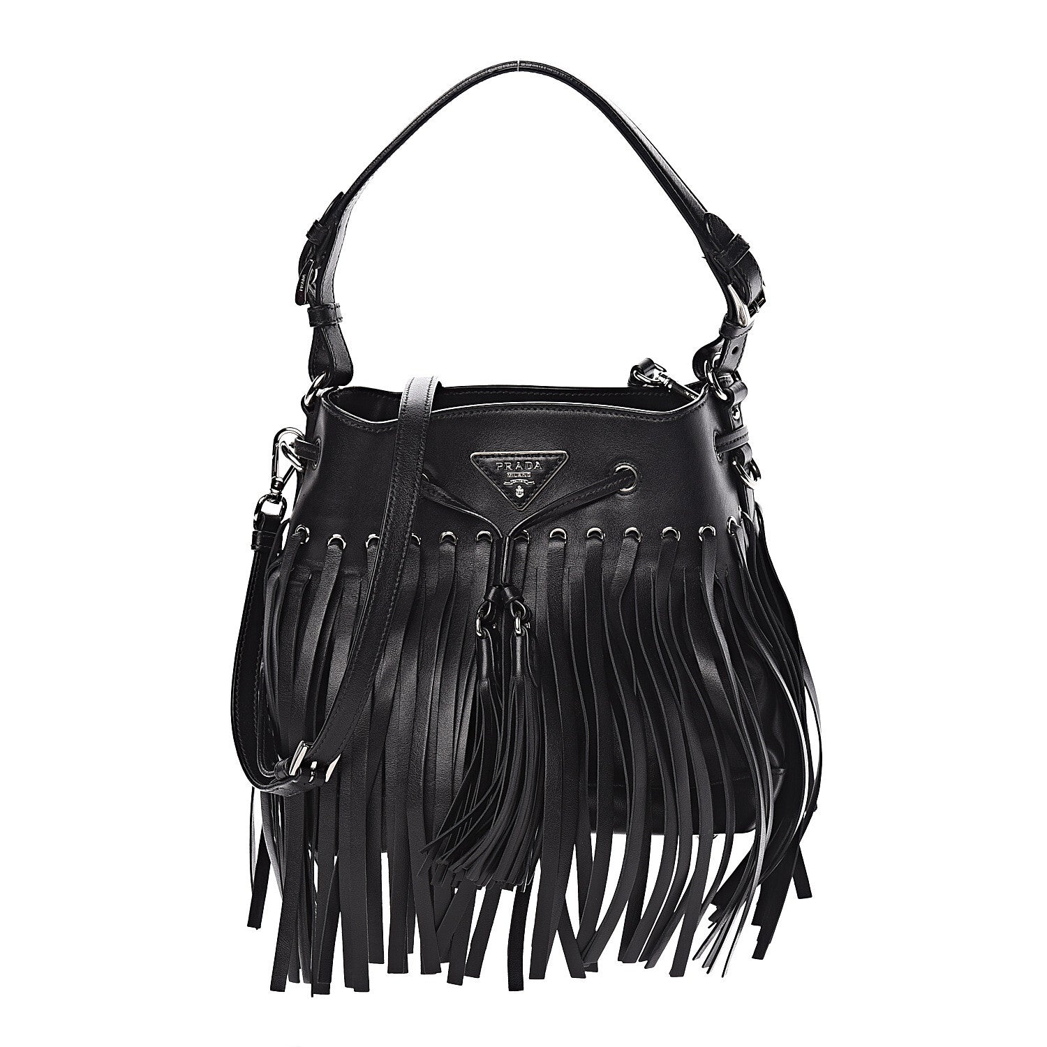 Prada Soft Calfskin Fringe Bucket Bag Black 1 of 15