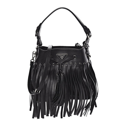 Prada Soft Calfskin Fringe Bucket Bag Black 1 of 15