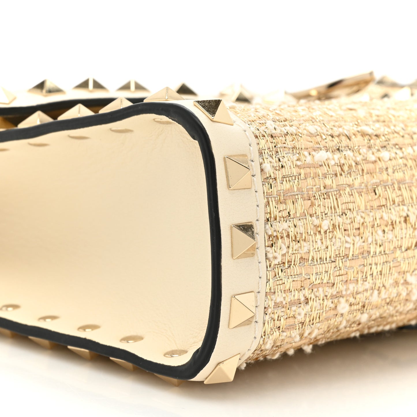 Metallic Boucle Raffia Calfskin Small Rockstud Flip Lock Crossbody Bag Ivory Gold