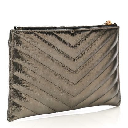 Saint Laurent Metallic Grain De Poudre Matelasse Chevron Monogram Bill Pouch Piombo 3 of 17
