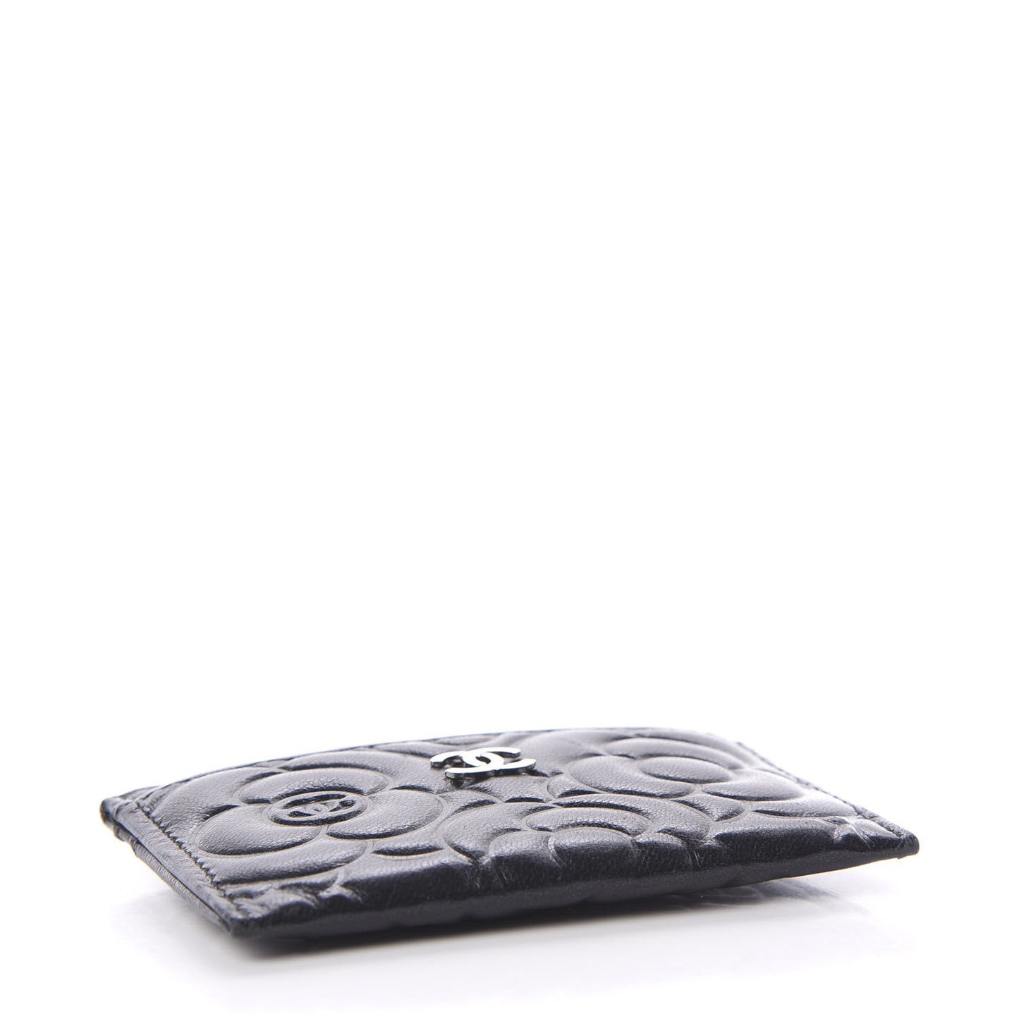 Lambskin Camellia Embossed Card Holder Black