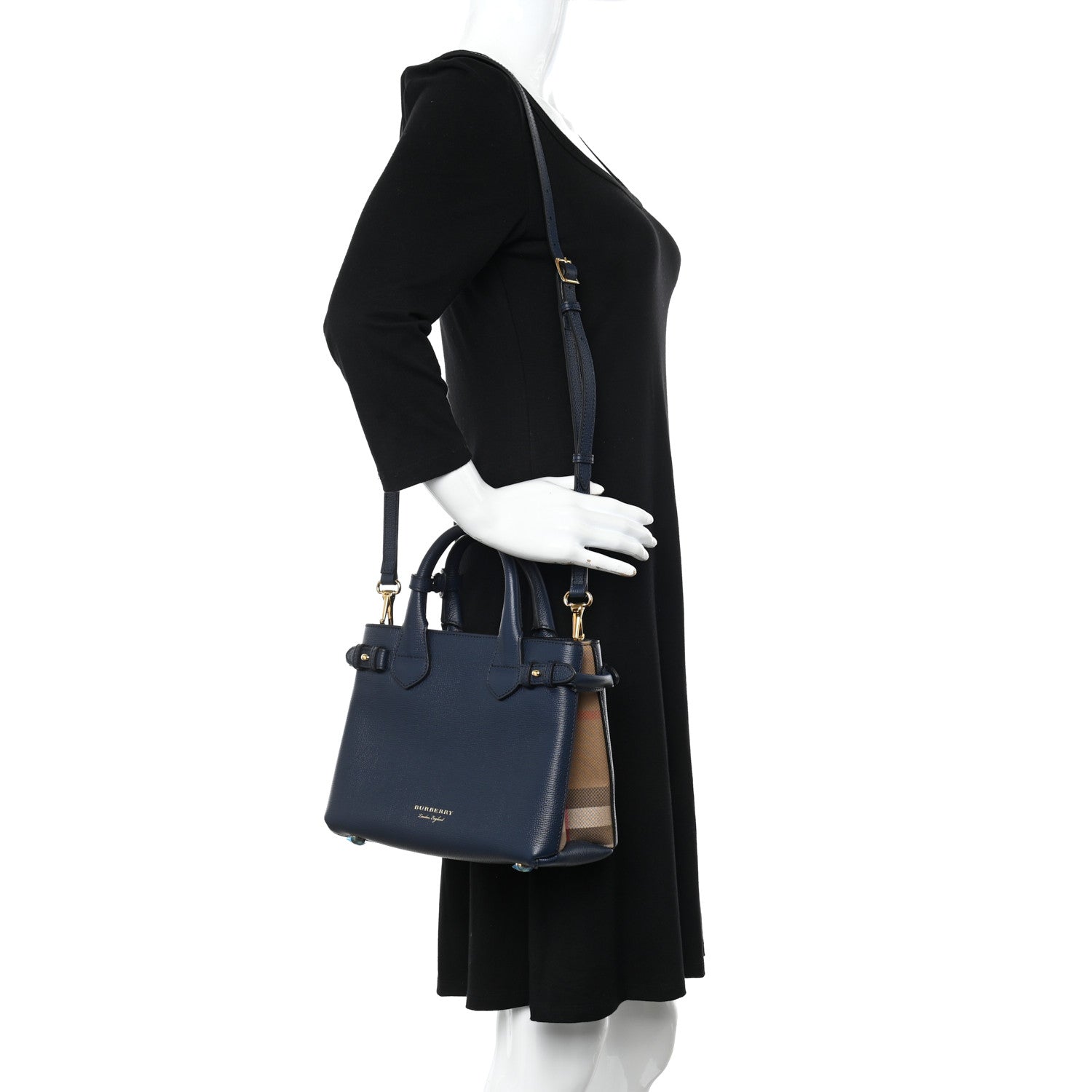 Burberry Grainy Calfskin House Check Small Banner Tote Ink Blue 2 of 13