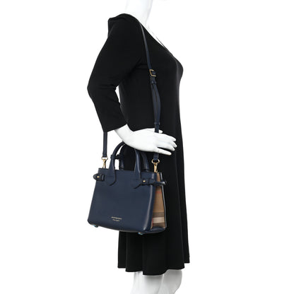 Burberry Grainy Calfskin House Check Small Banner Tote Ink Blue 2 of 13
