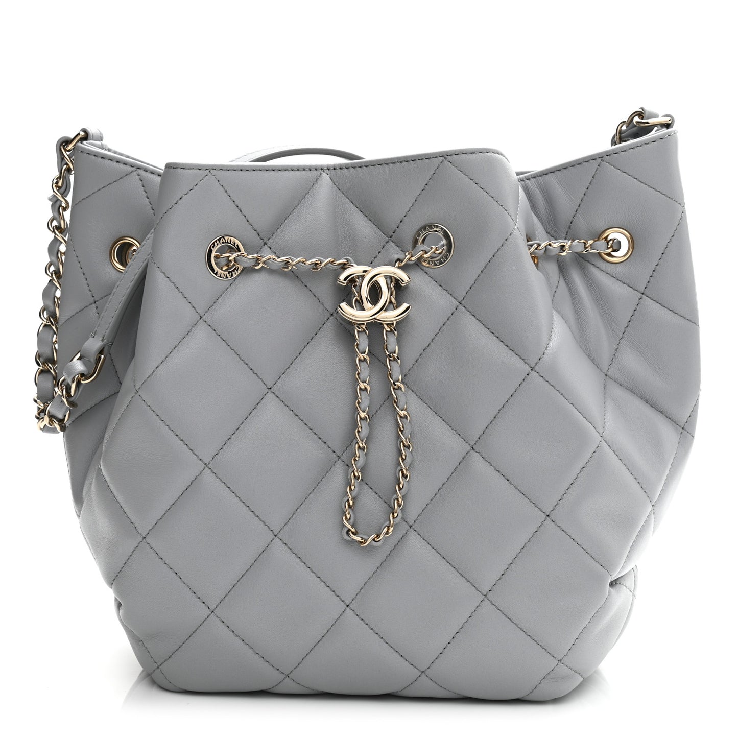 Lambskin Quilted CC Dweller Drawstring Bucket Bag Light Grey