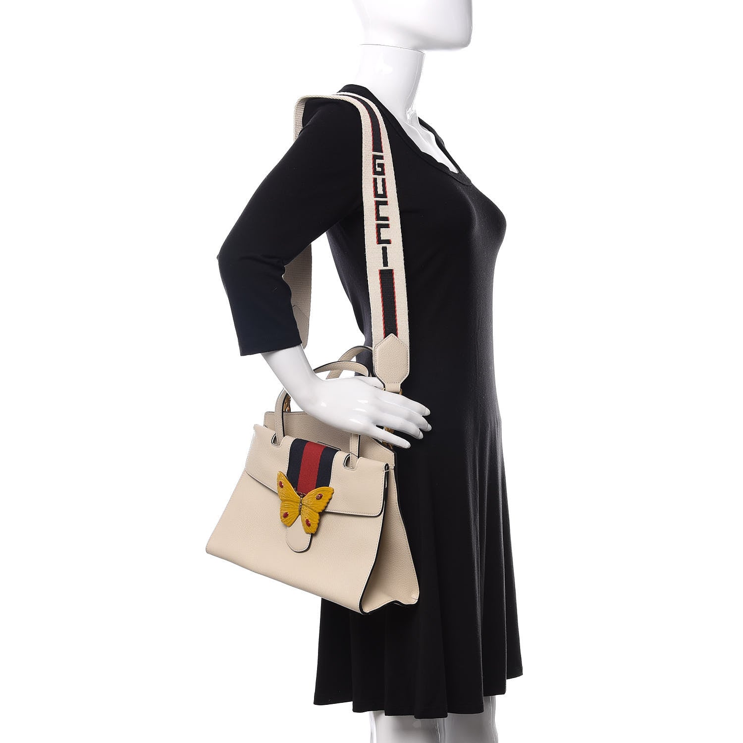 Gucci Grained Calfskin Web Stripe Butterfly Medium Totem Top Handle Bag White 2 of 13