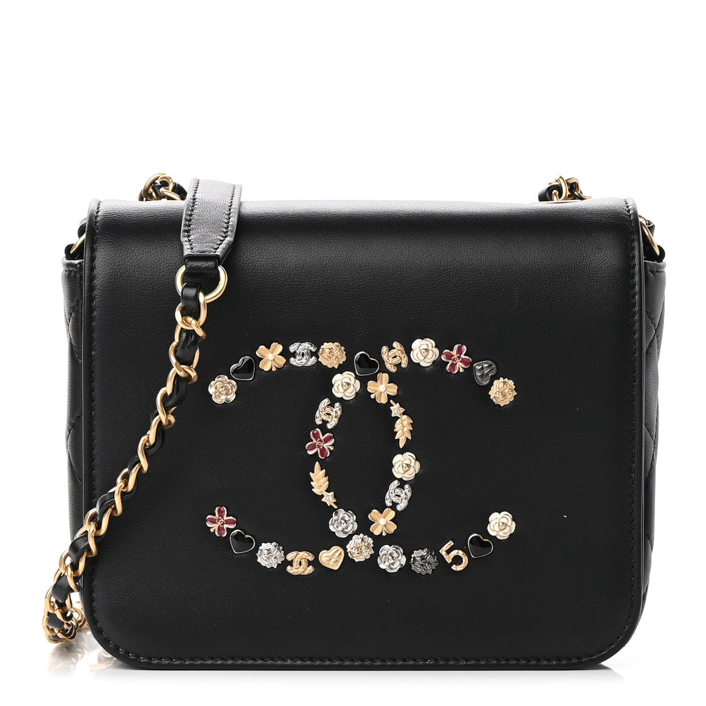 Lambskin Quilted Lucky Charms CC Crossbody Messenger Flap Black