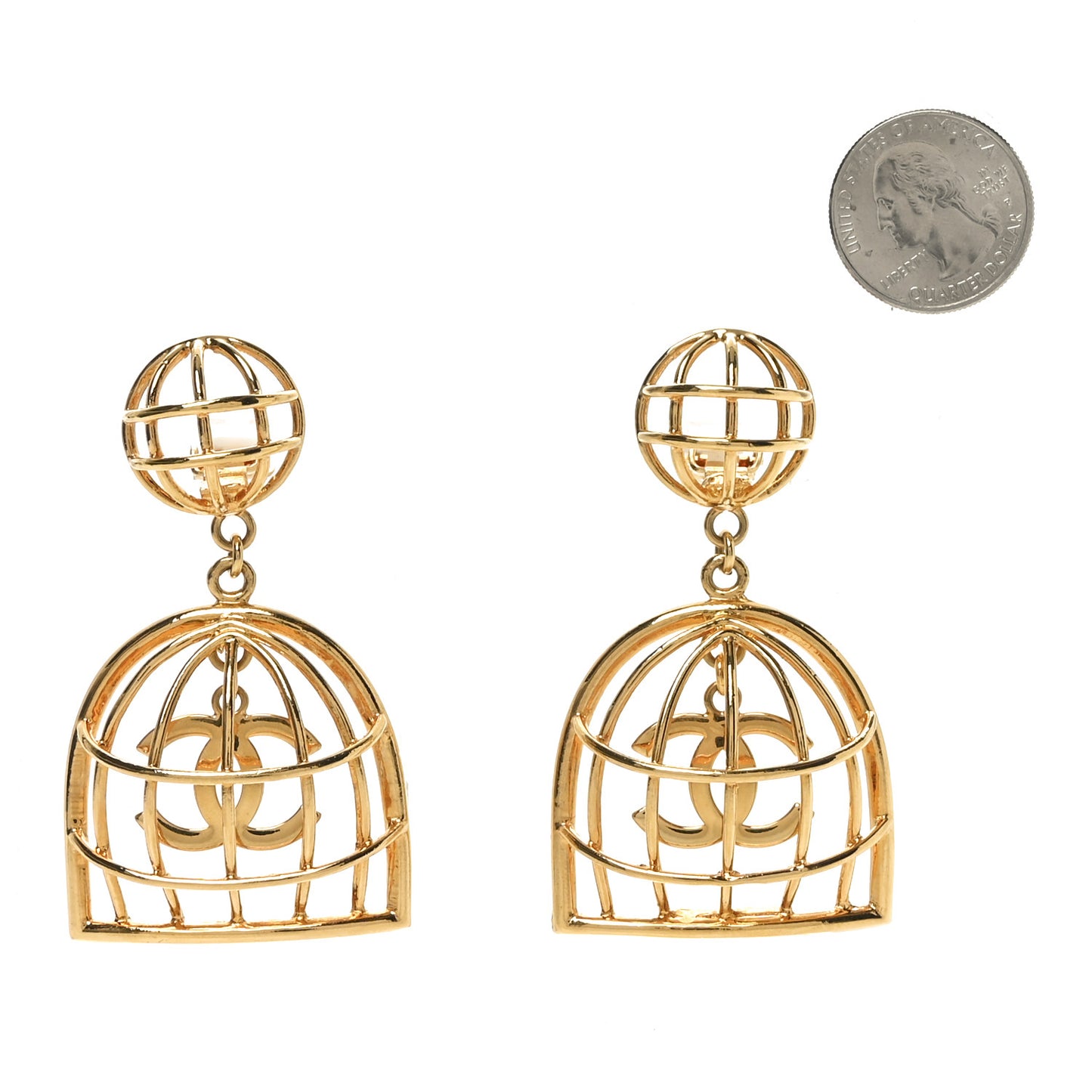 CC Bird Cage Drop Clip On Earrings Gold