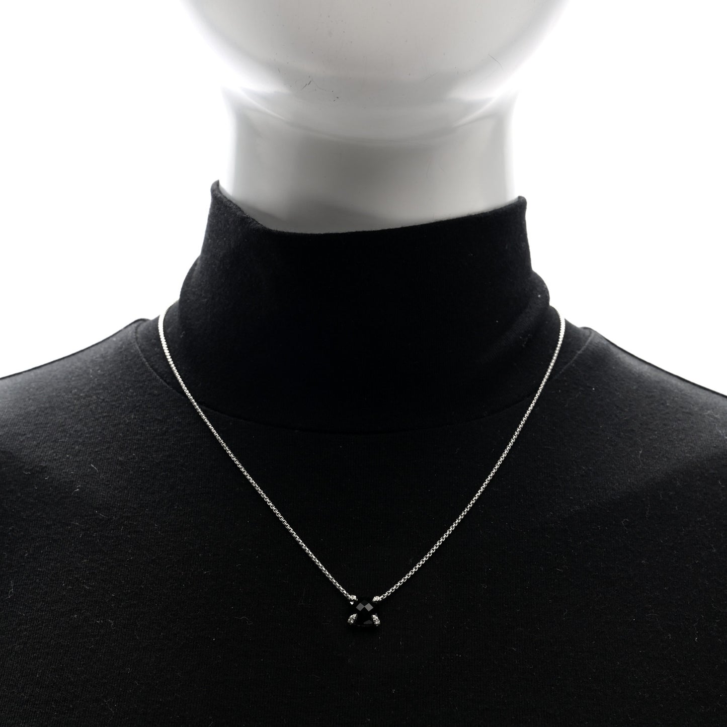 Sterling Silver Diamond Black Onyx 7mm Chatelaine Pave Bezel Pendant Necklace