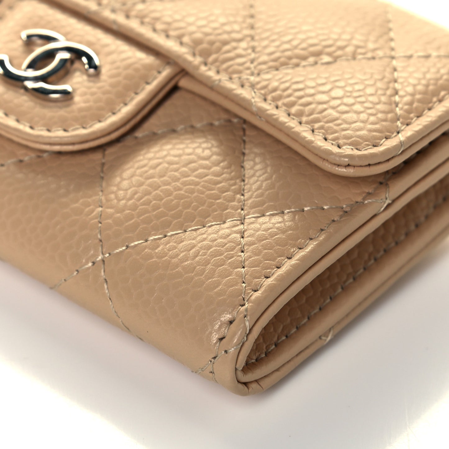 Caviar Quilted Flap Card Holder Wallet Beige