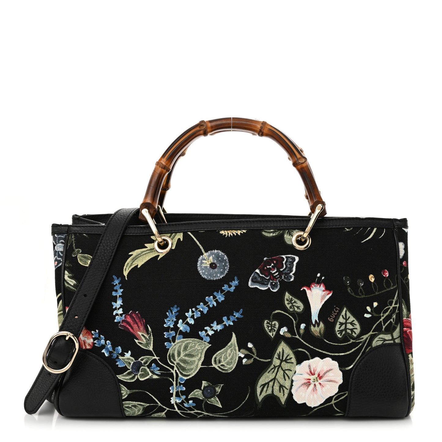 Canvas Cellarius Calfskin Flora Knight Medium Bamboo Shopper Tote Black
