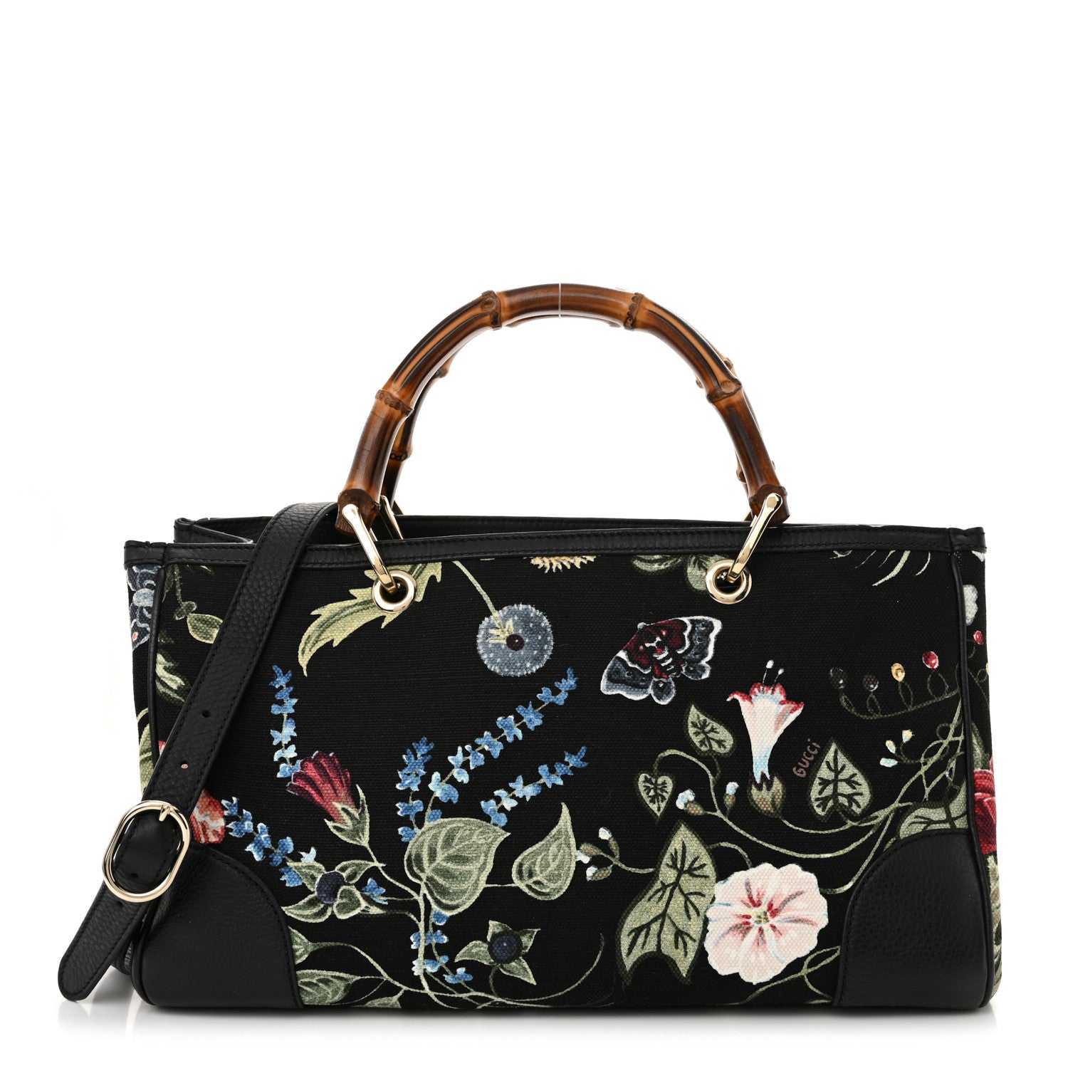 Gucci Canvas Cellarius Calfskin Flora Knight Medium Bamboo Shopper Tote Black 1 of 12