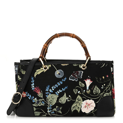 Gucci Canvas Cellarius Calfskin Flora Knight Medium Bamboo Shopper Tote Black 1 of 12