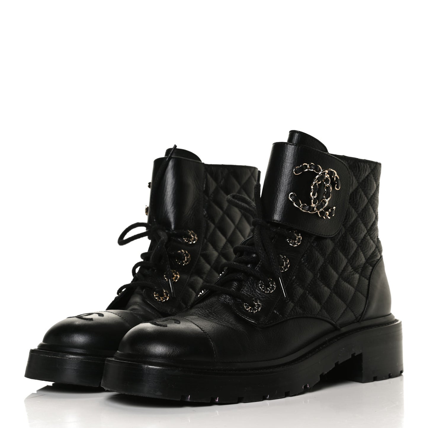 Shiny Goatskin Calfskin Quilted Lace Up Combat Boots 38 Black
