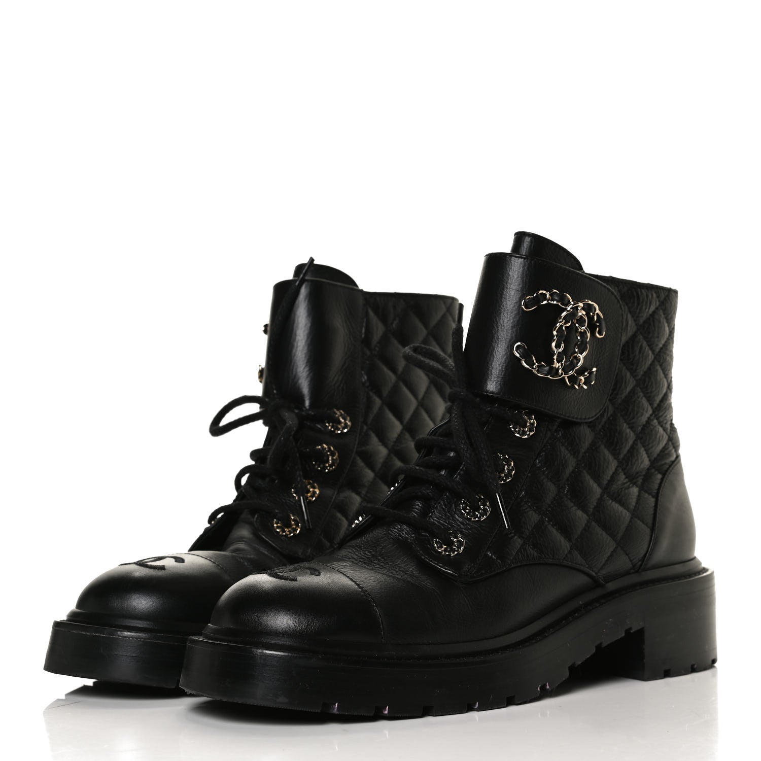 Chanel Shiny Goatskin Calfskin Quilted Lace Up Combat Boots 38 Black 3 of 13