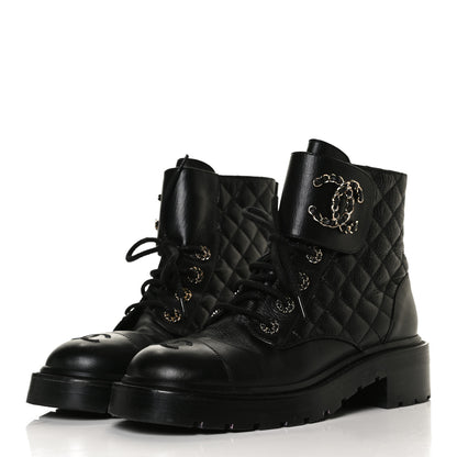 Chanel Shiny Goatskin Calfskin Quilted Lace Up Combat Boots 38 Black 3 of 13