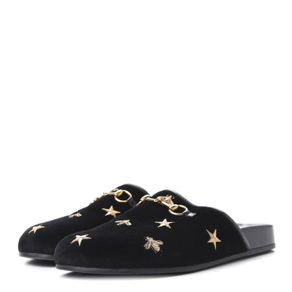Gucci Softy Velvet Malaga Kid Bee Star Embroidered Womens Horsebit River Slippers 38 Black 2 of 10