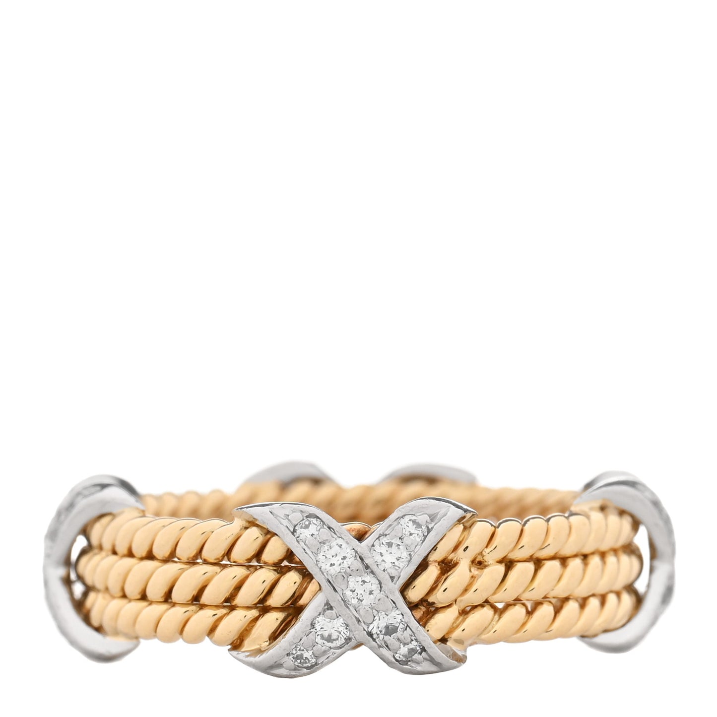 18K Yellow Gold Platinum Diamond Schlumberger Rope Three Row X Ring 57 8