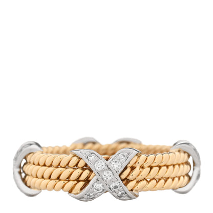 Tiffany 18K Yellow Gold Platinum Diamond Schlumberger Rope Three Row X Ring 57 8 3 of 6
