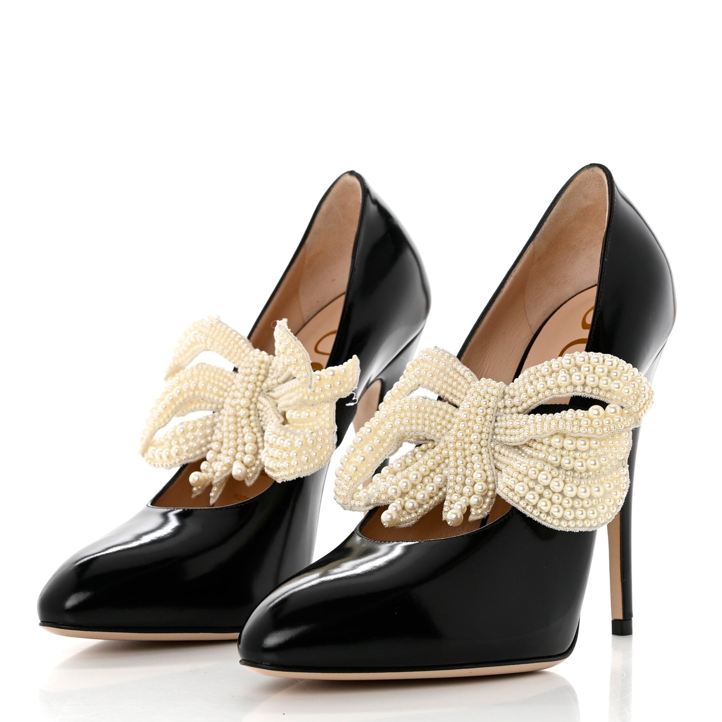 Polished Calfskin Removable Pearly Bow Elaisa Platform High Heel Pumps 37 Black