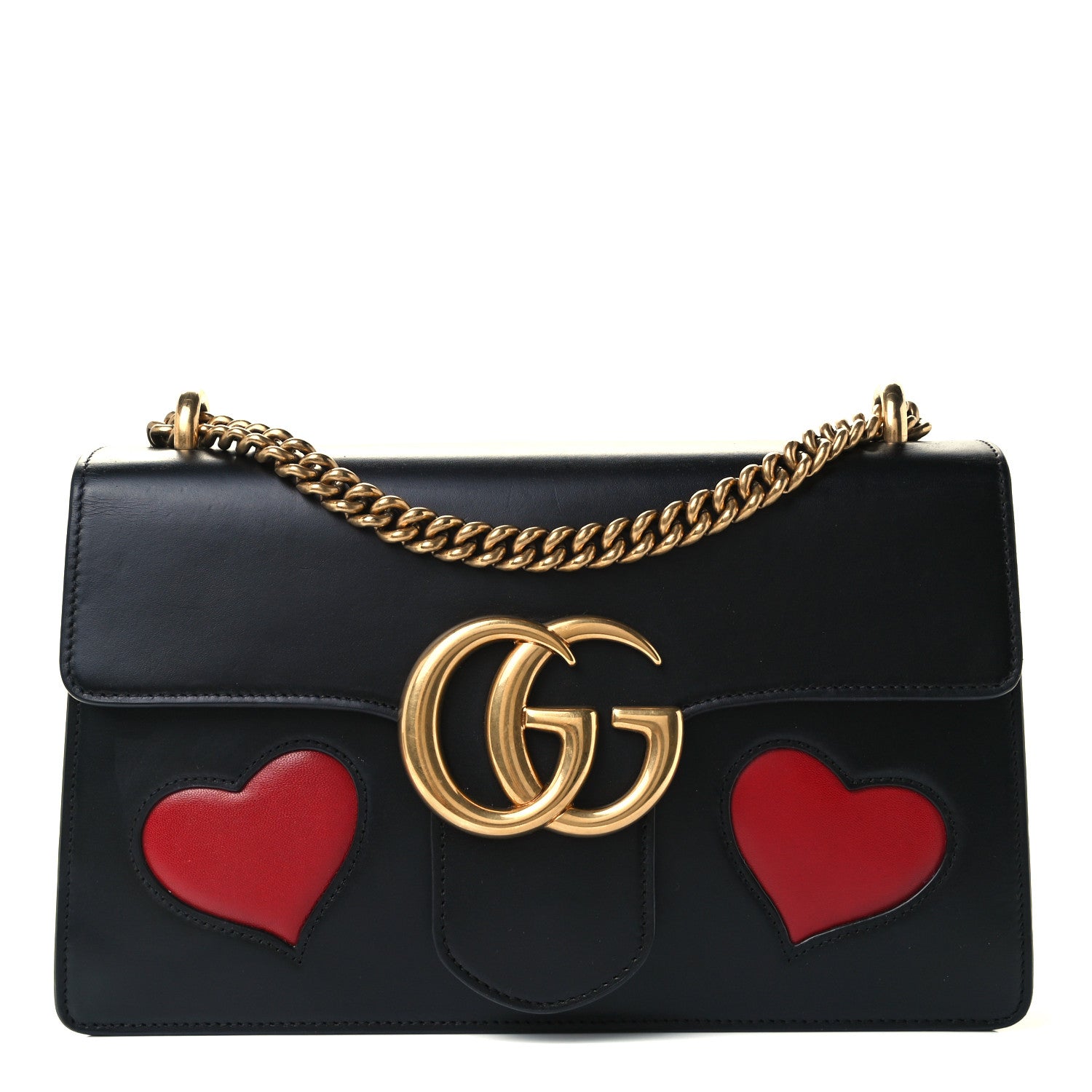 Gucci Knight Calfskin Malaga Kid Heart Medium GG Marmont Chain Handle Bag Black Hibiscus Red Multicolor 1 of 11