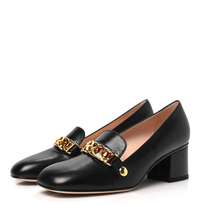 Gucci Malaga Kid Sylvie Web Chain Mid Heel Loafers 37 Black 3 of 8