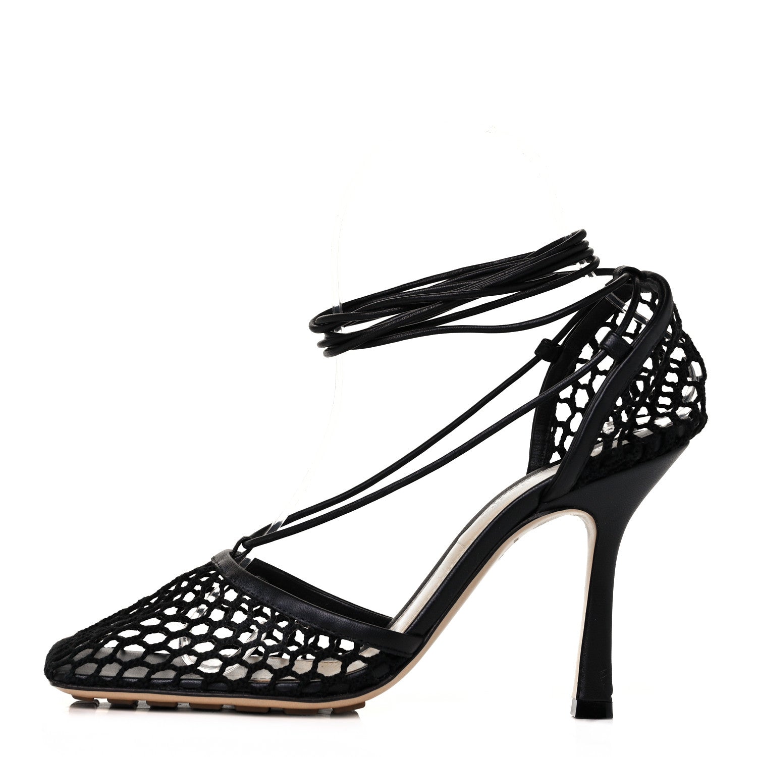 Bottega Veneta Mesh Nappa Stretch Ankle Tie Sandals 37.5 Black 1 of 8