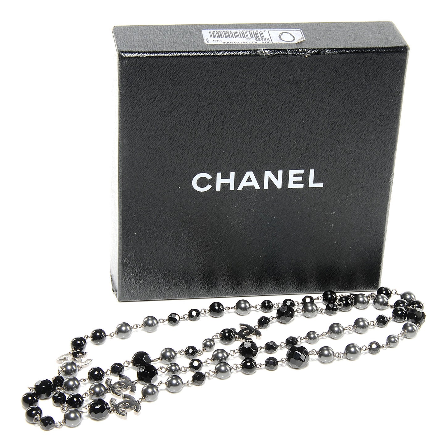 Pearl Beaded CC Long Necklace Black