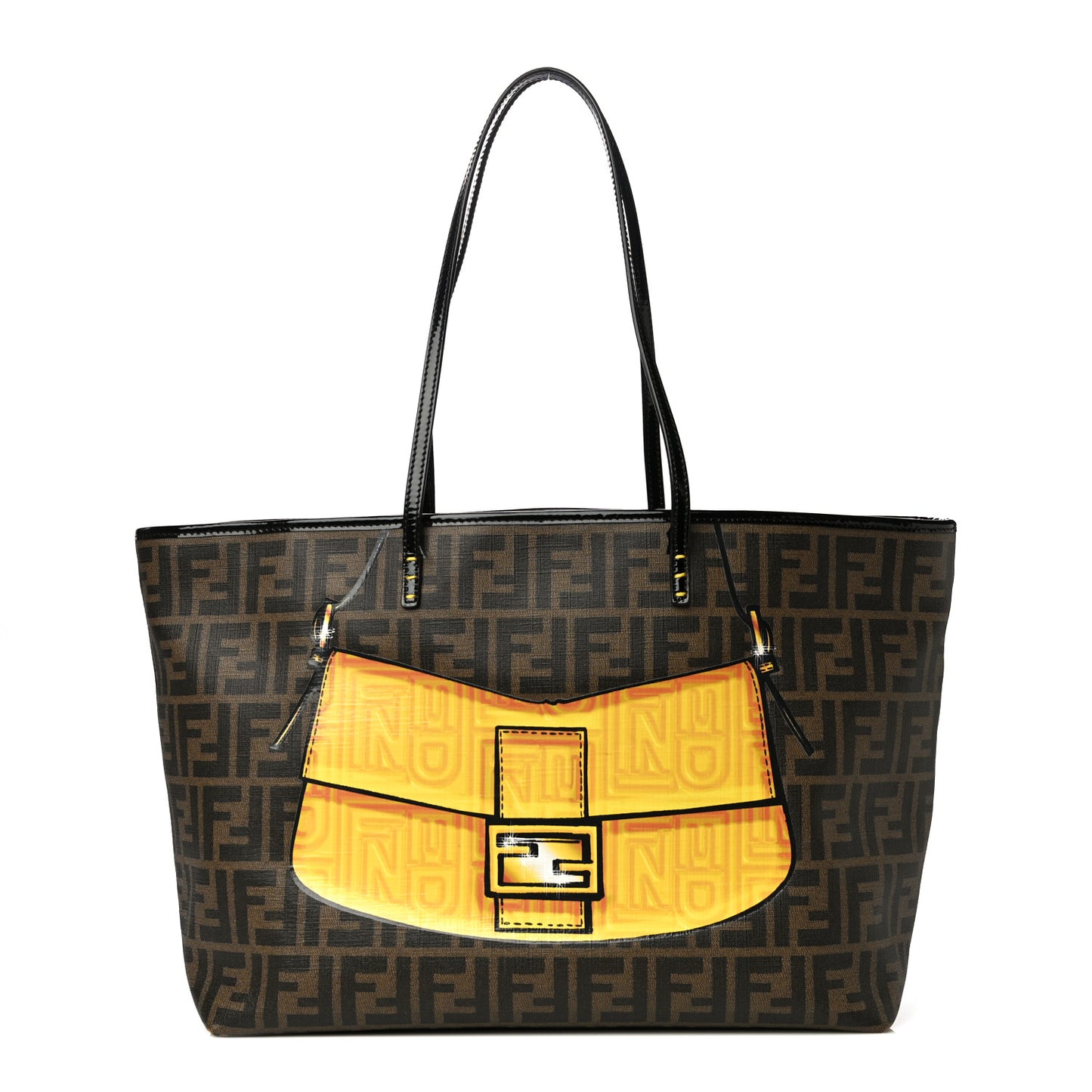 Zucca Spalmati Patent Baguette Print Medium Roll Tote Tobacco Yellow