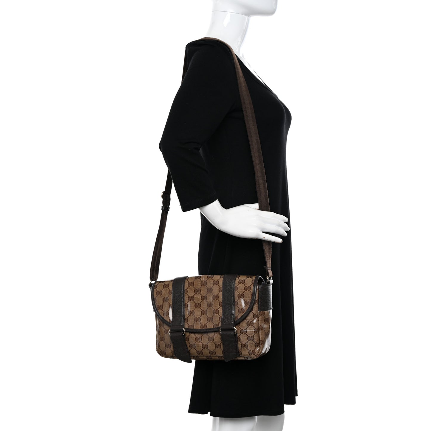 Crystal Monogram Small Double Buckle Flap Messenger Beige Dark Brown