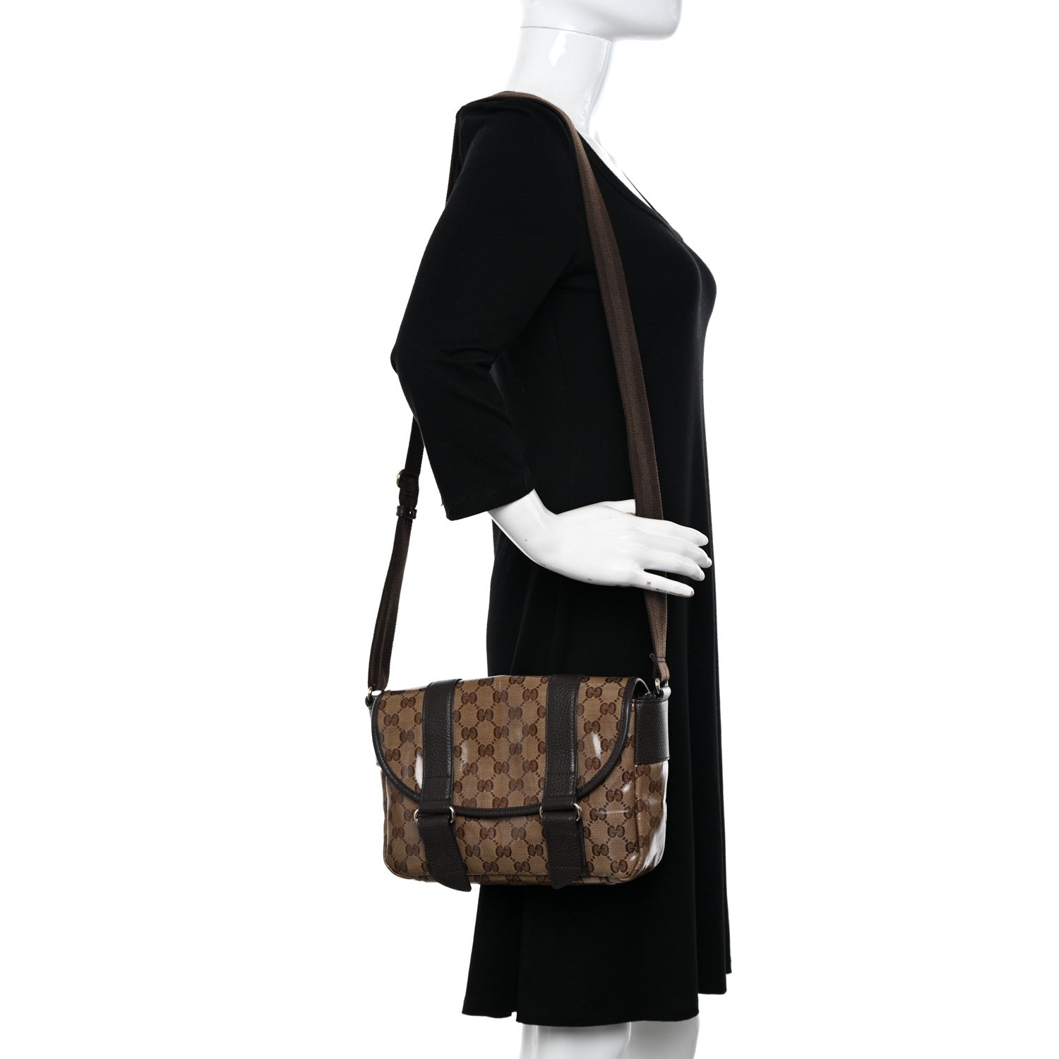 Gucci Crystal Monogram Small Double Buckle Flap Messenger Beige Dark Brown 2 of 11