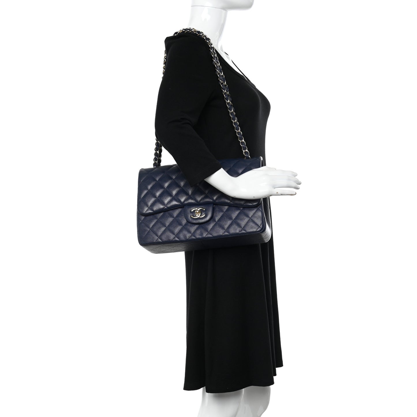 Caviar Quilted Jumbo Double Flap Navy Blue