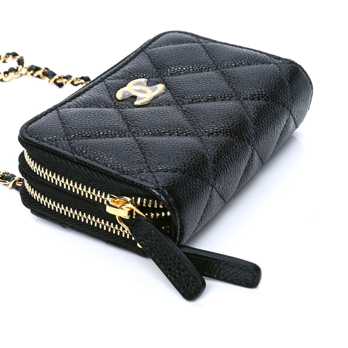 Caviar Quilted Miss Coco Zip Card Holder On Chain Black