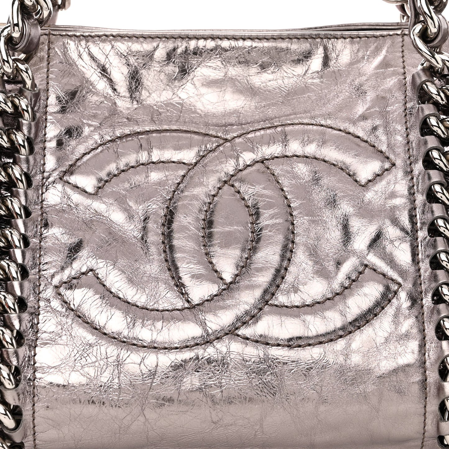 Metallic Cracked Calfskin Modern Chain Tote Dark Silver