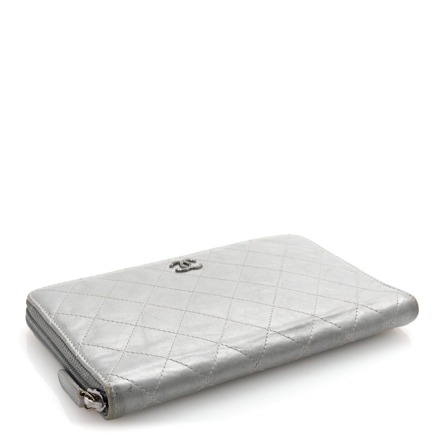 Metallic Aged Calfskin Quilted Palette Large Zip Around Organizer Wallet Silver