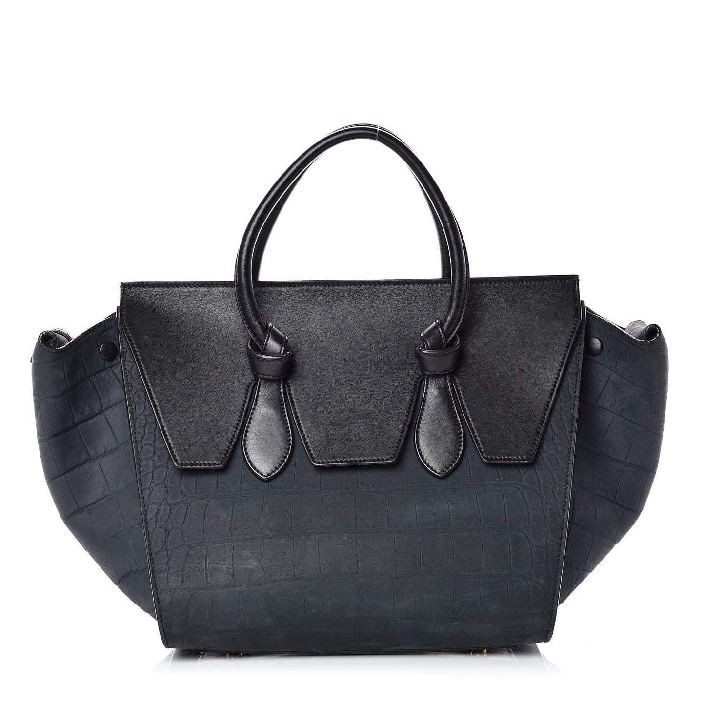 Smooth Calfskin Nubuck Crocodile Embossed Small Tie Knot Tote Navy