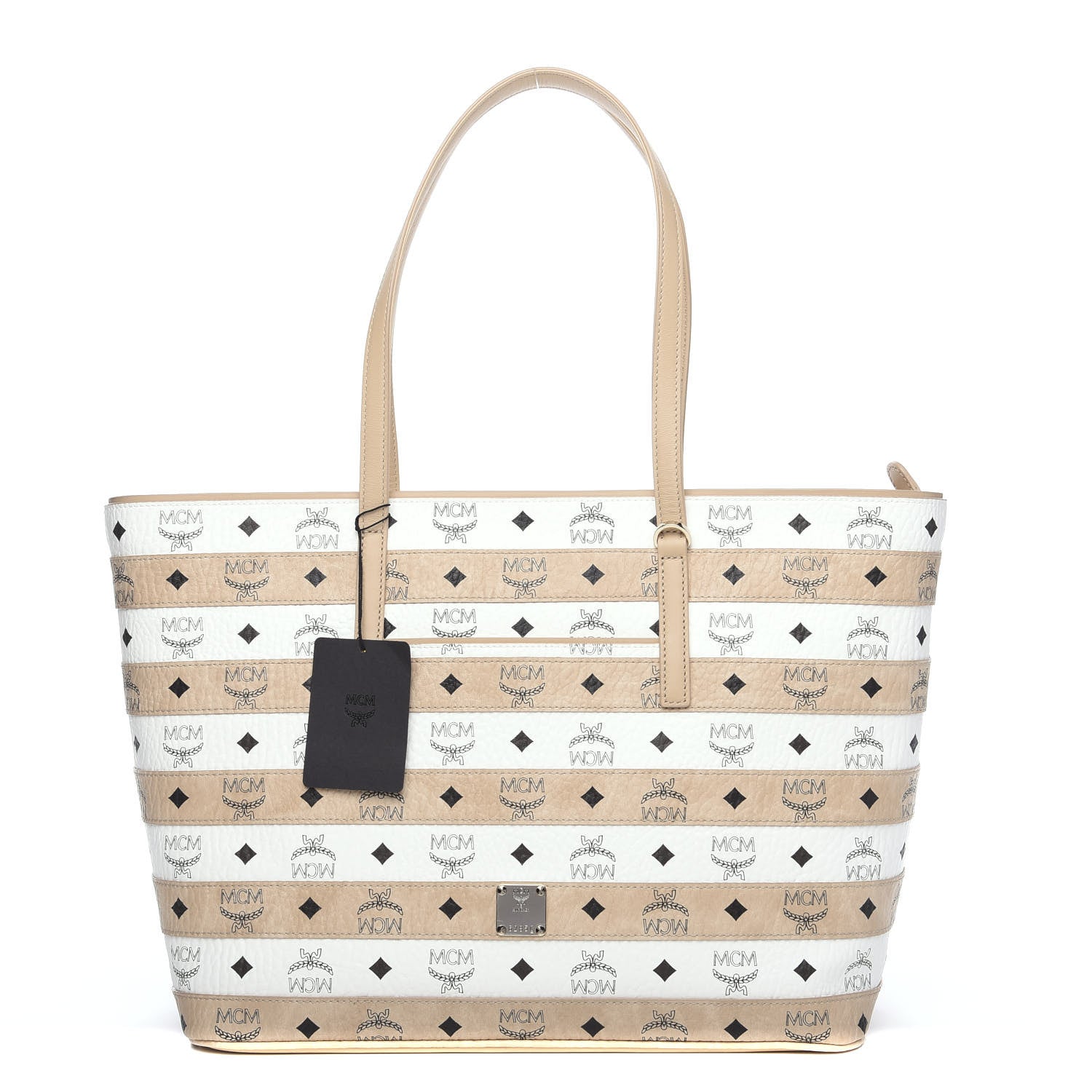 MCM Visetos Striped Medium Anya Shopper Tote White Beige 1 of 10