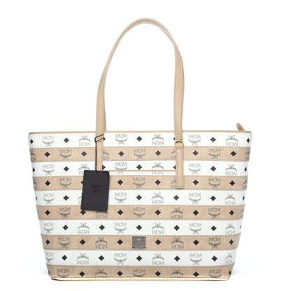 MCM Visetos Striped Medium Anya Shopper Tote White Beige 1 of 10