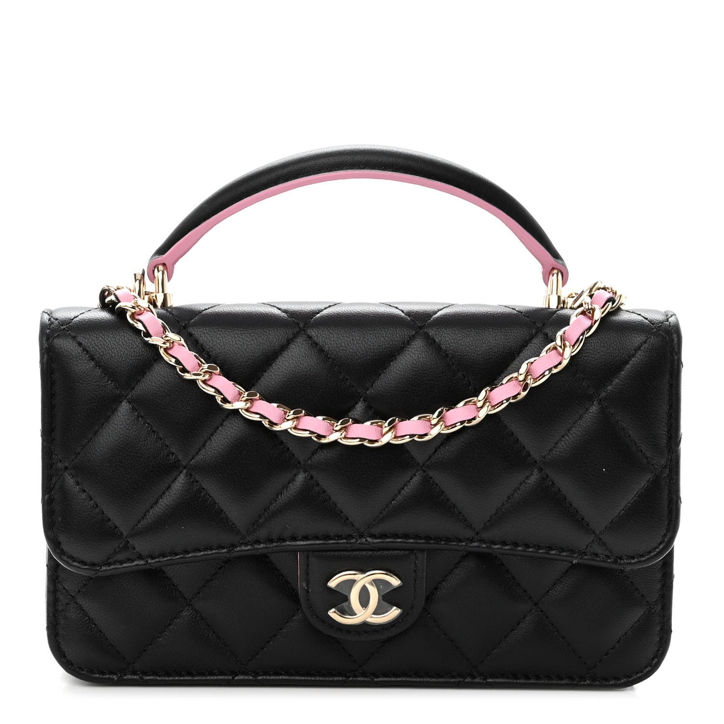 Lambskin Quilted Flap Phone Holder With Chain Black Lilac