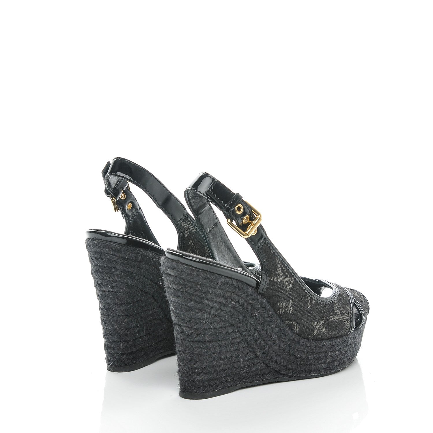 Louis Vuitton Denim Patent Espadrille Wedges 37.5 Black 4 of 7