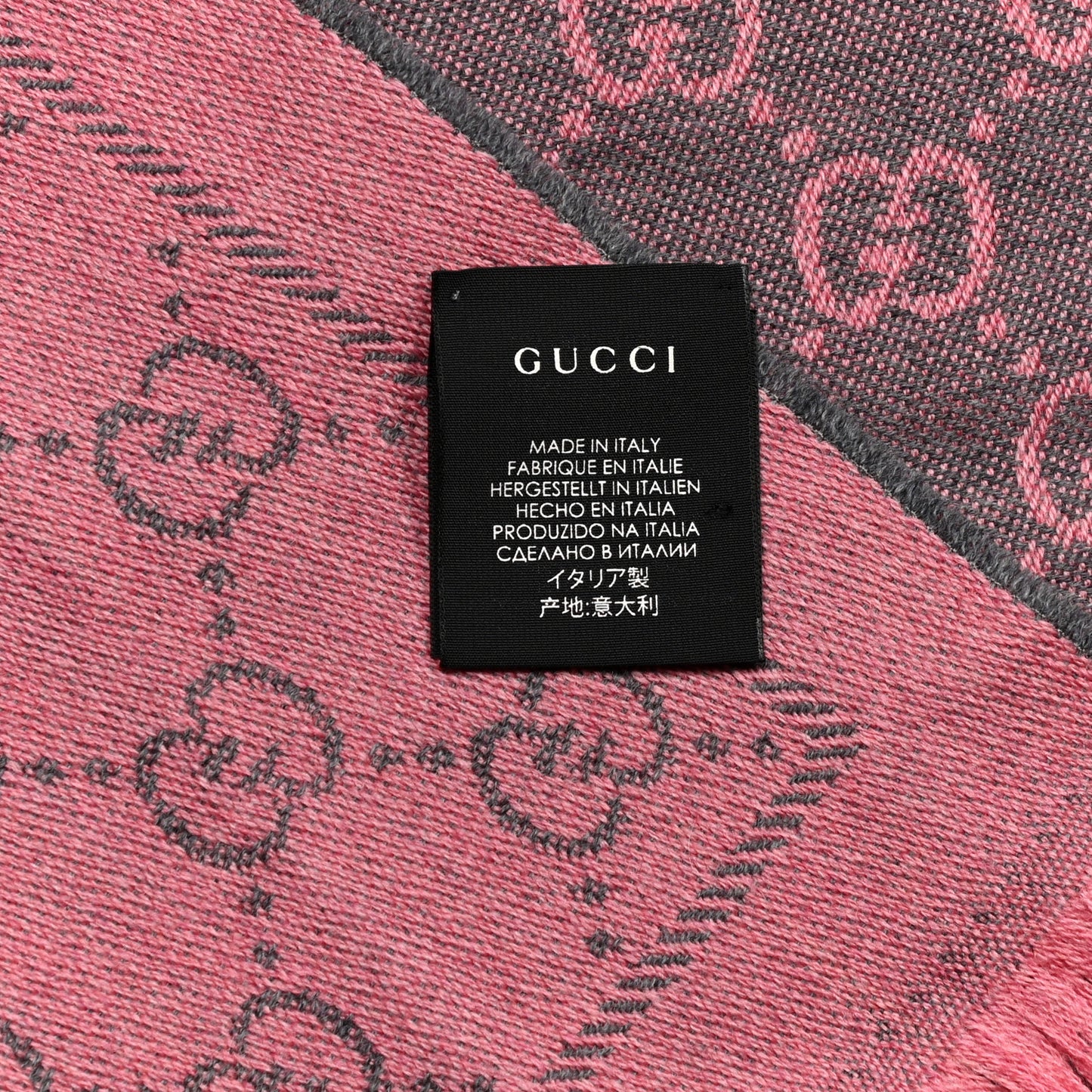 Wool Jacquard GG Monogram Sten Fringe Scarf Graphite Pink
