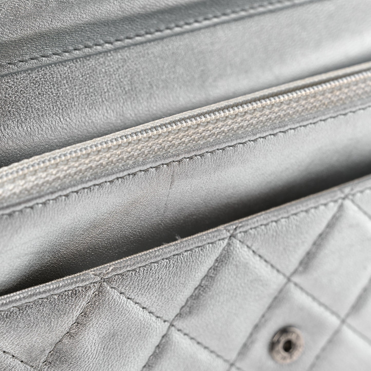Metallic Lambskin Quilted Wallet On Chain WOC Silver