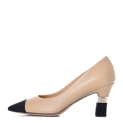 Chanel Lambskin Grosgrain Cap Toe CC Pumps 36.5 Beige Black 1 of 9