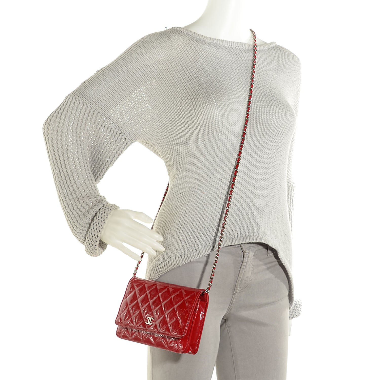 Chanel Patent Quilted Wallet On Chain WOC Red 2 of 8