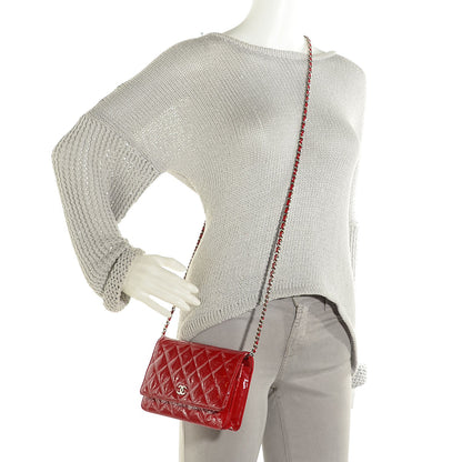 Chanel Patent Quilted Wallet On Chain WOC Red 2 of 8