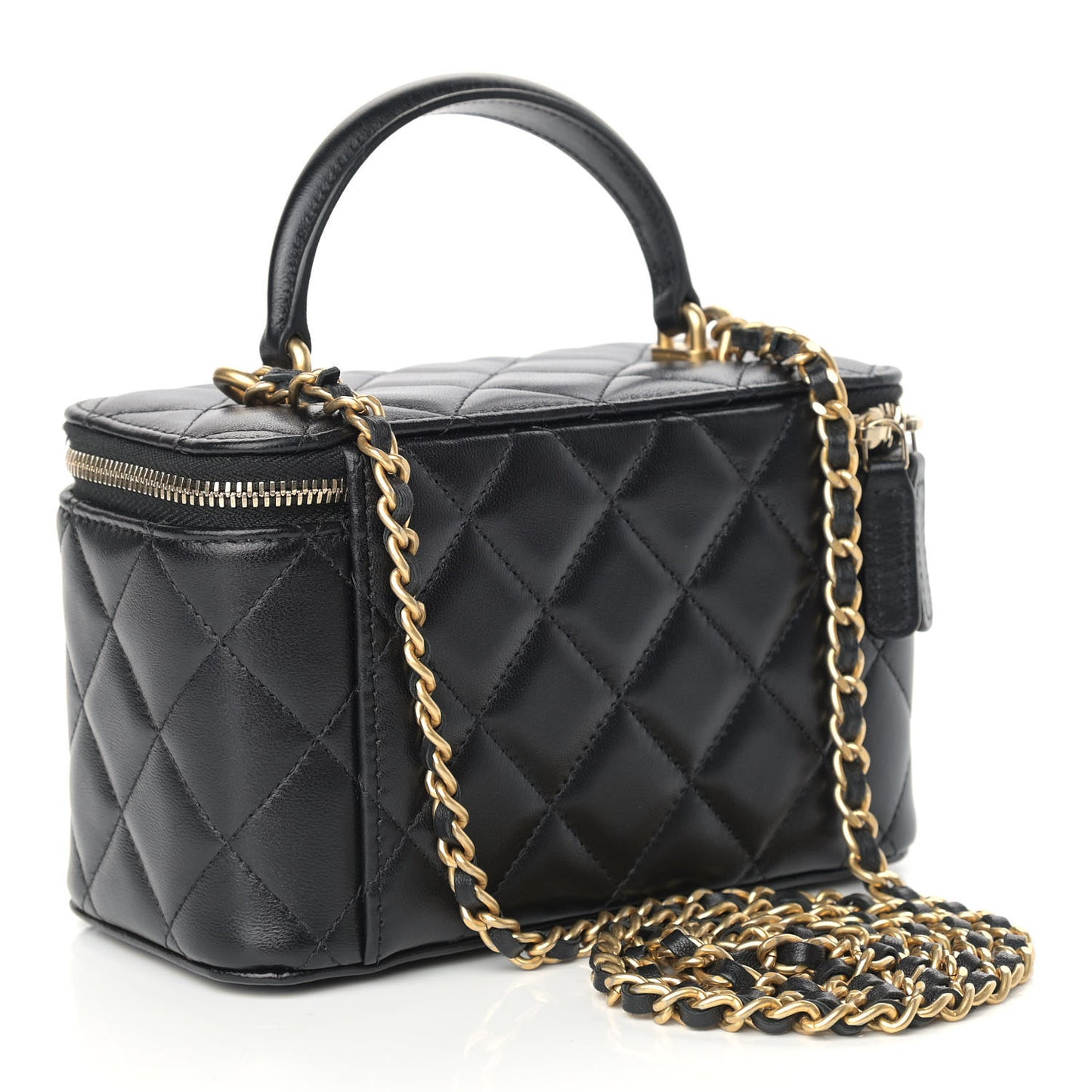 Lambskin Quilted Small Top Handle Vanity Case With Chain Black