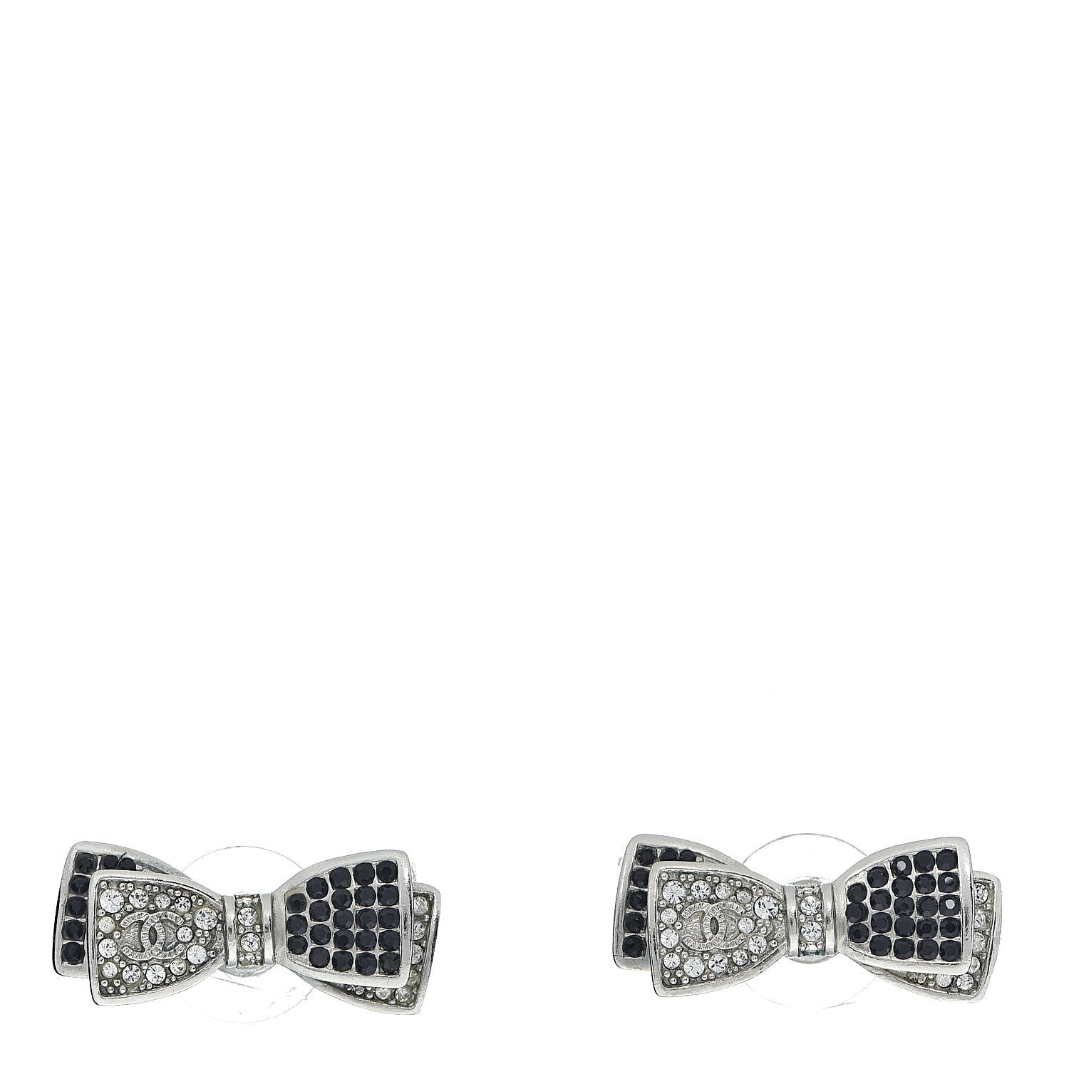 Chanel Crystal CC Bow Tie Earrings Black Silver 1 of 5