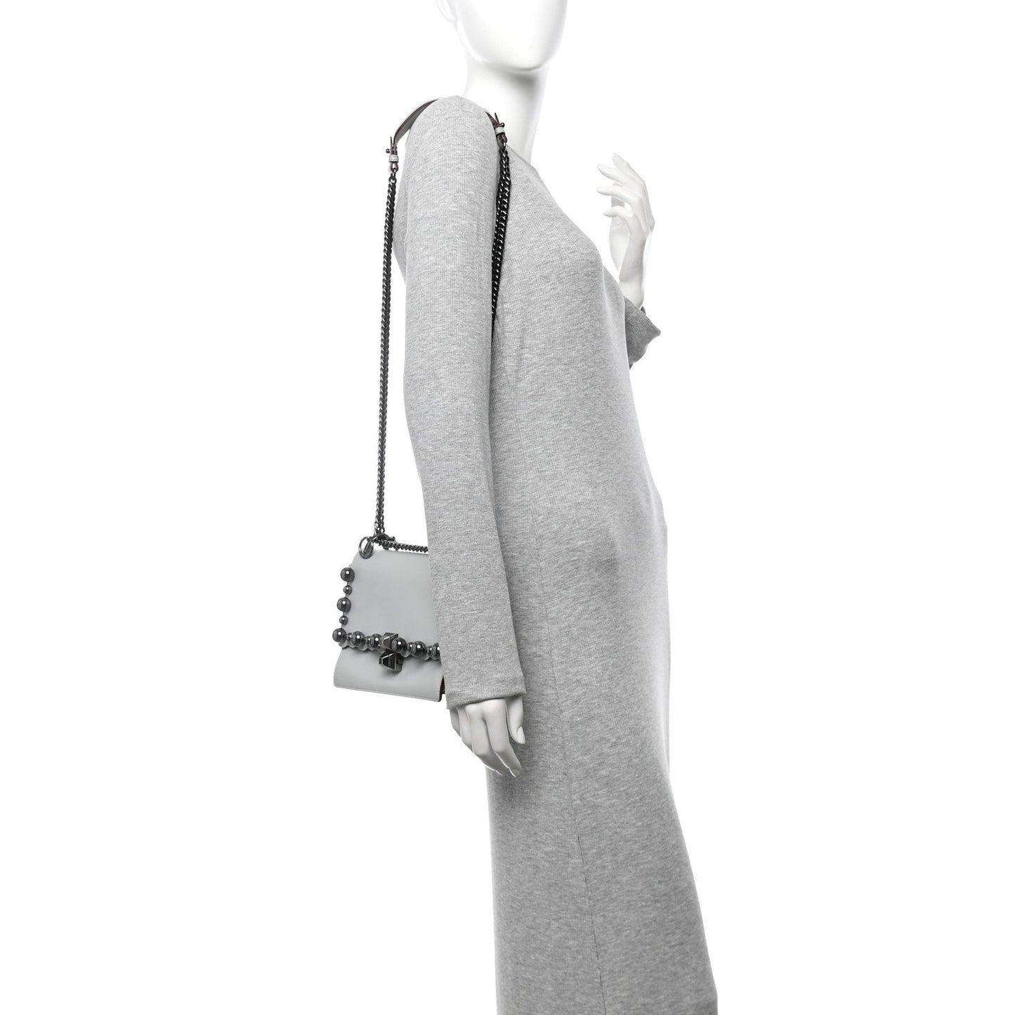 Vitello Liberty Scalloped Studded Small Kan I Shoulder Bag Grigio Perla