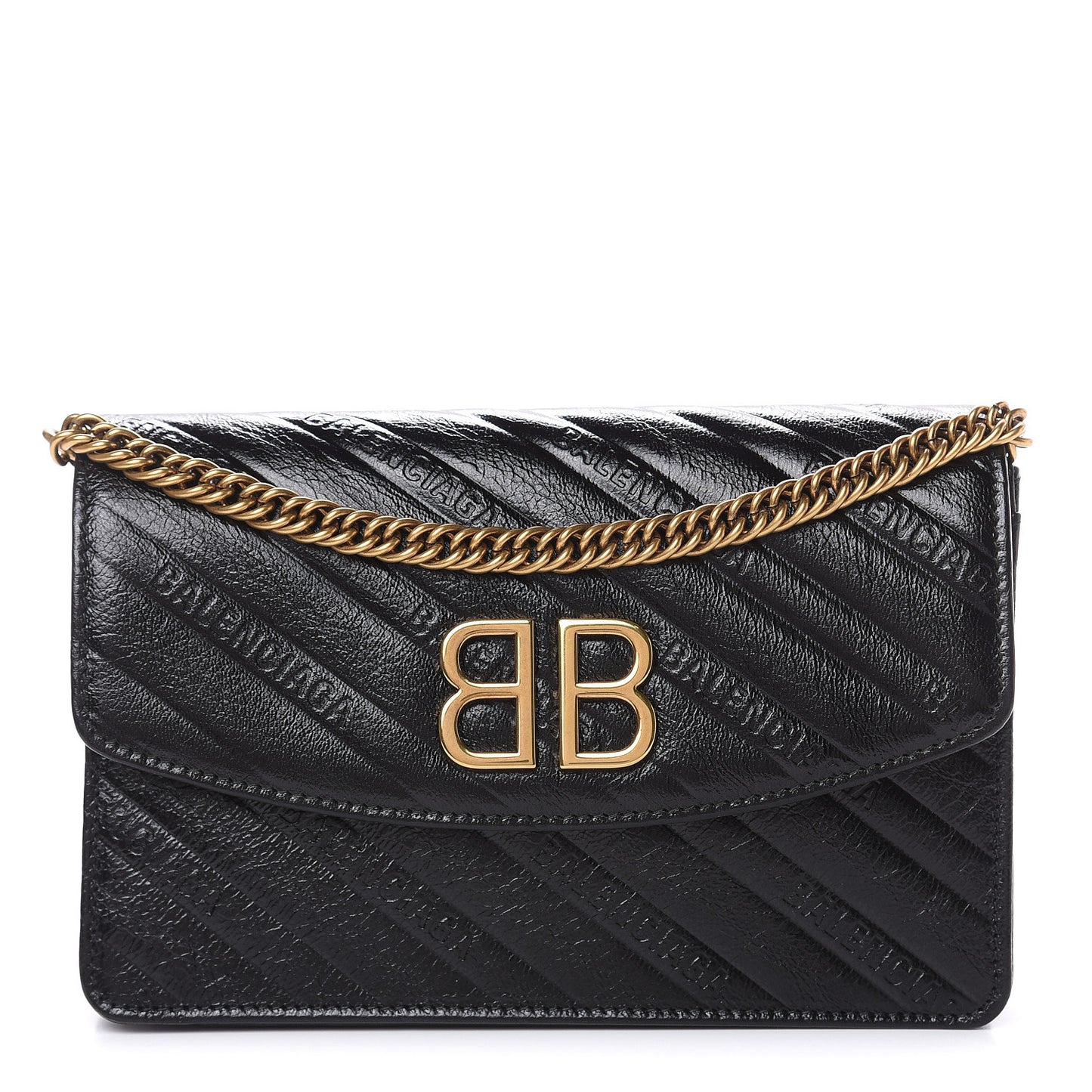 Shiny Goatskin Logo Embossed BB Wallet On Chain Black